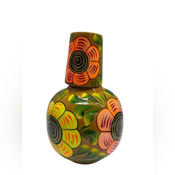 None Other - Mexican Ceramic.Hand-Painted Floral Ceramic Vase in Mustard with multicolor.